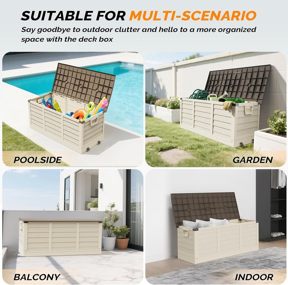 75 Gallon Collapsible Outdoor Storage Box with Lid, Easy Assembly Plastic Deck