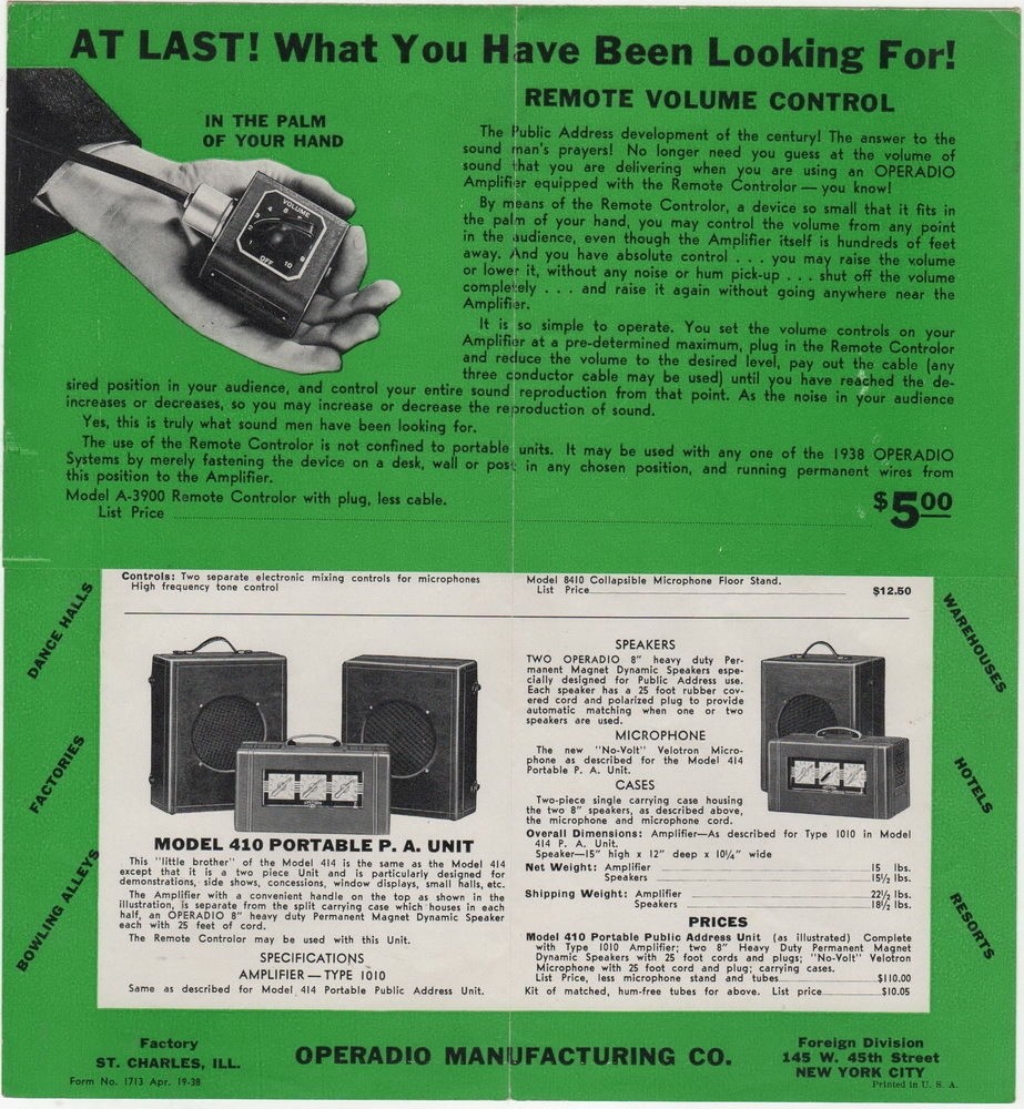 Operadio Unit Matched Sound Equipment Brochure 1938, First Remote Control Unit