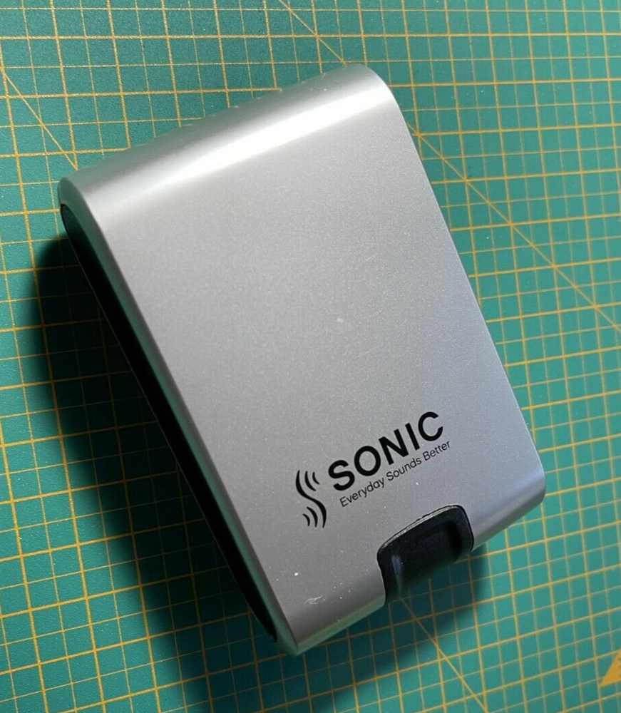 Hardcover Hearing Aid Case Sonic Push Button Spring Silver/Black 3.5" x "2 x 1"