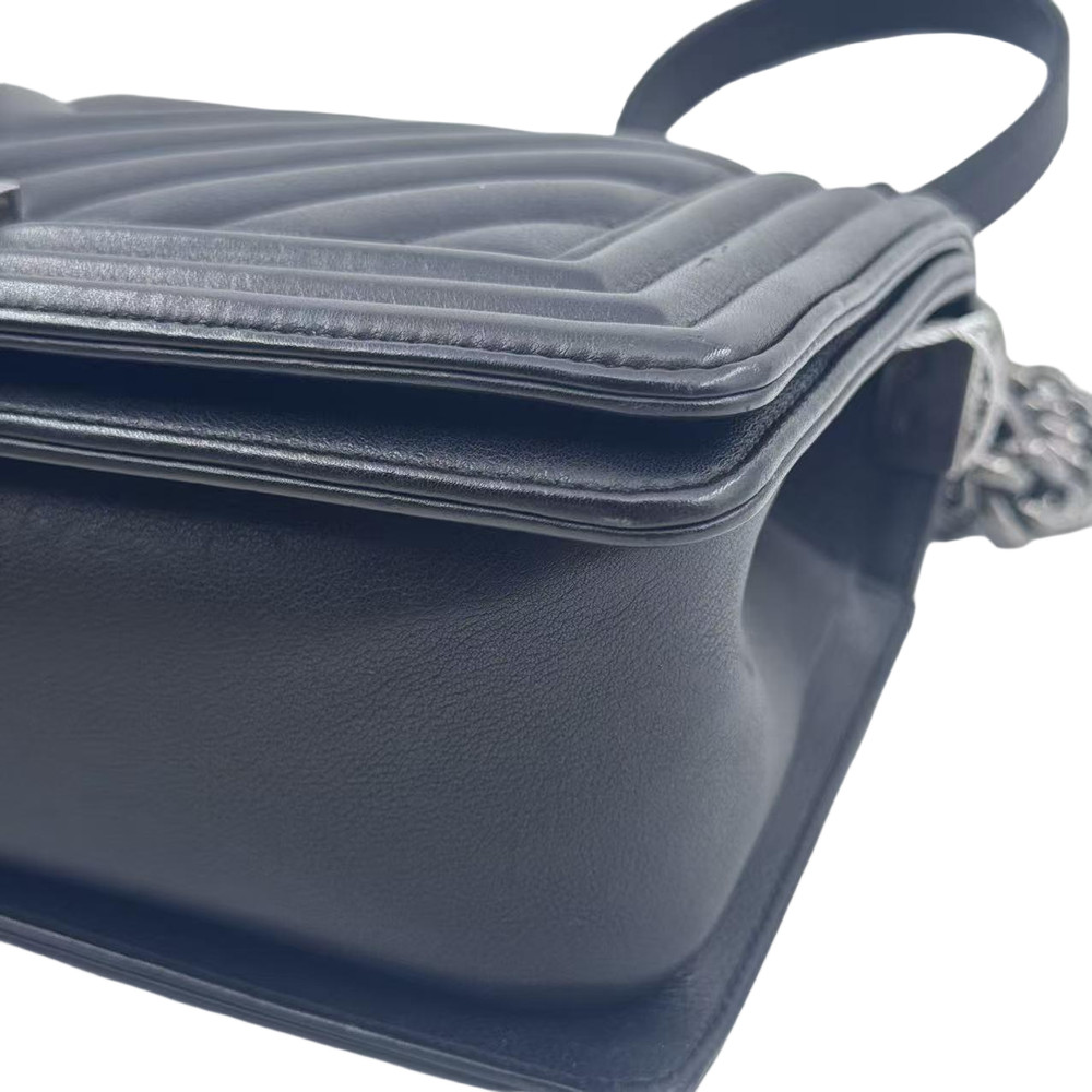 Chanel Leboy V Pattern Black Silver Chain Shoulder Bag Calfskin Leather Medium