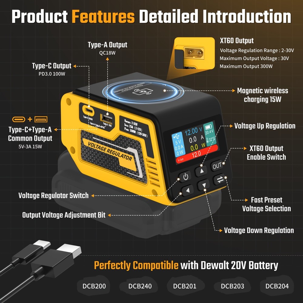 2-30V 300W Adjustable Voltage Regulator Compatible with Dewalt 20V Battery