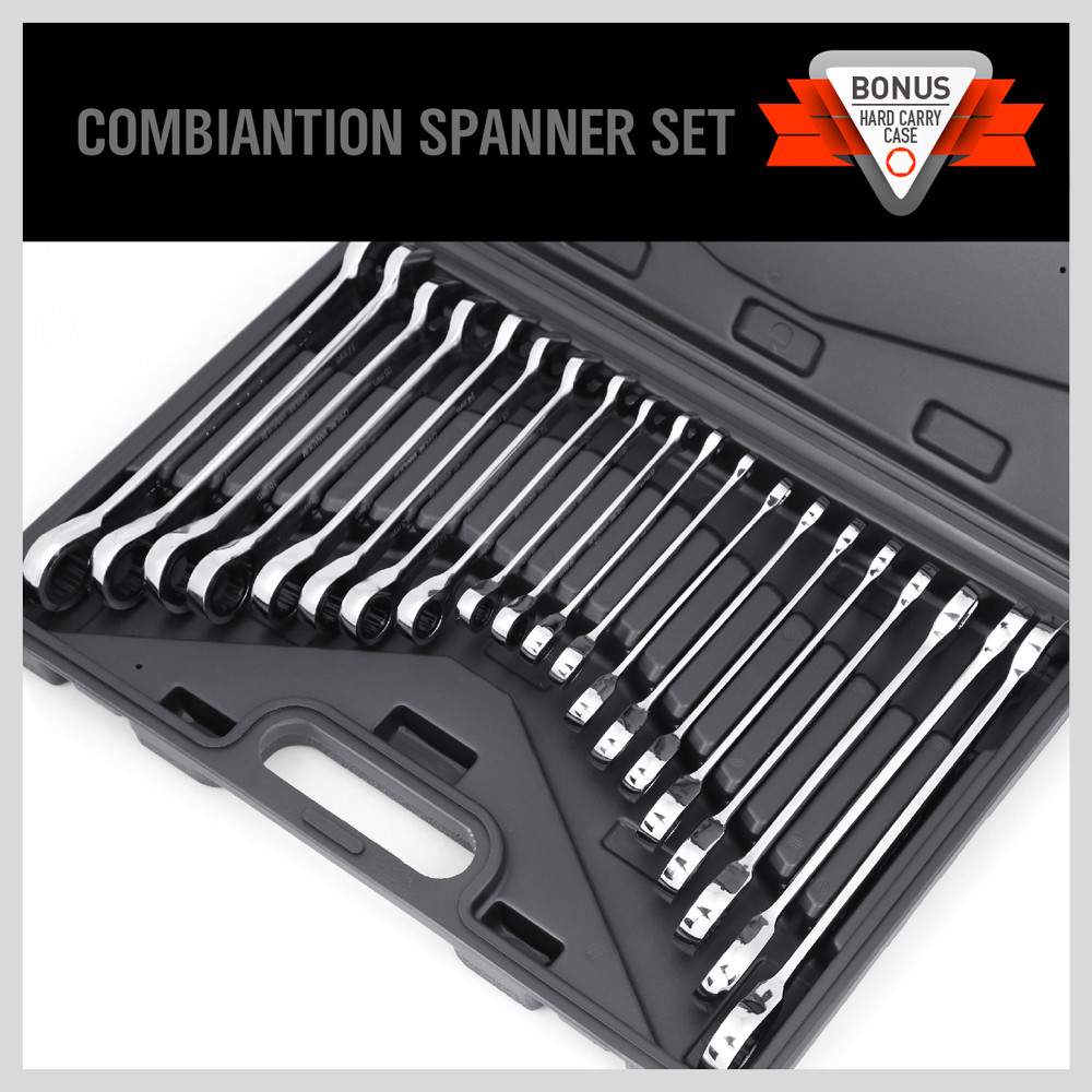 20pc Flat Ratcheting Wrench Combination Spanner Tool Set SAE & Metric With Case