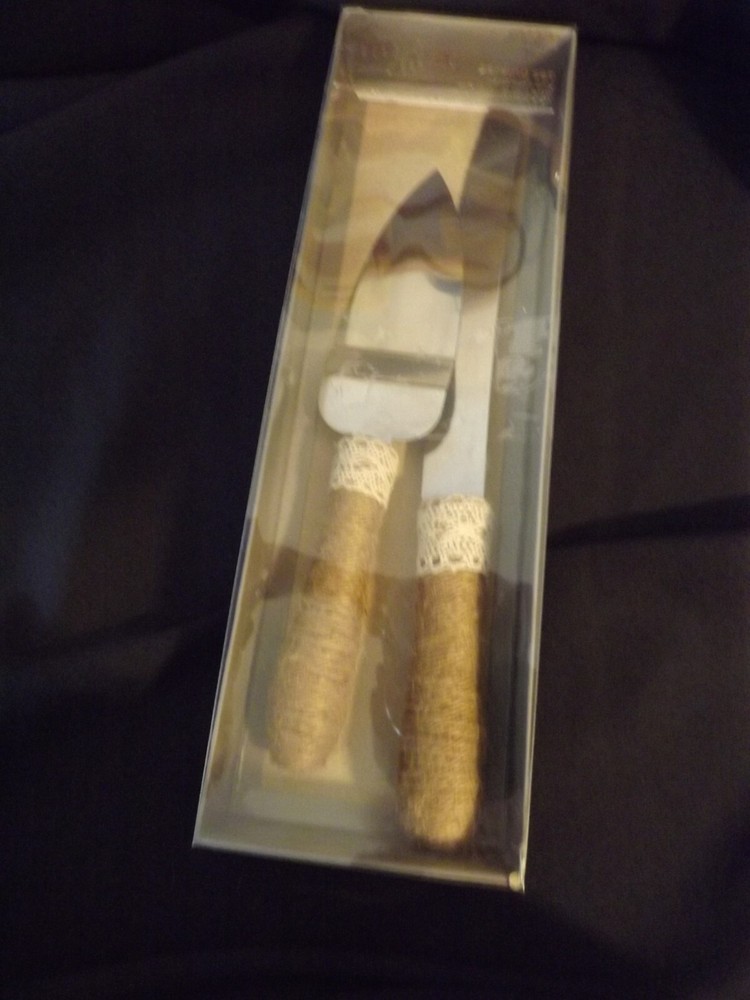 Studio His & Hers Rustic-Style Wedding Cake Knife & Server Set Jute Twine Lace