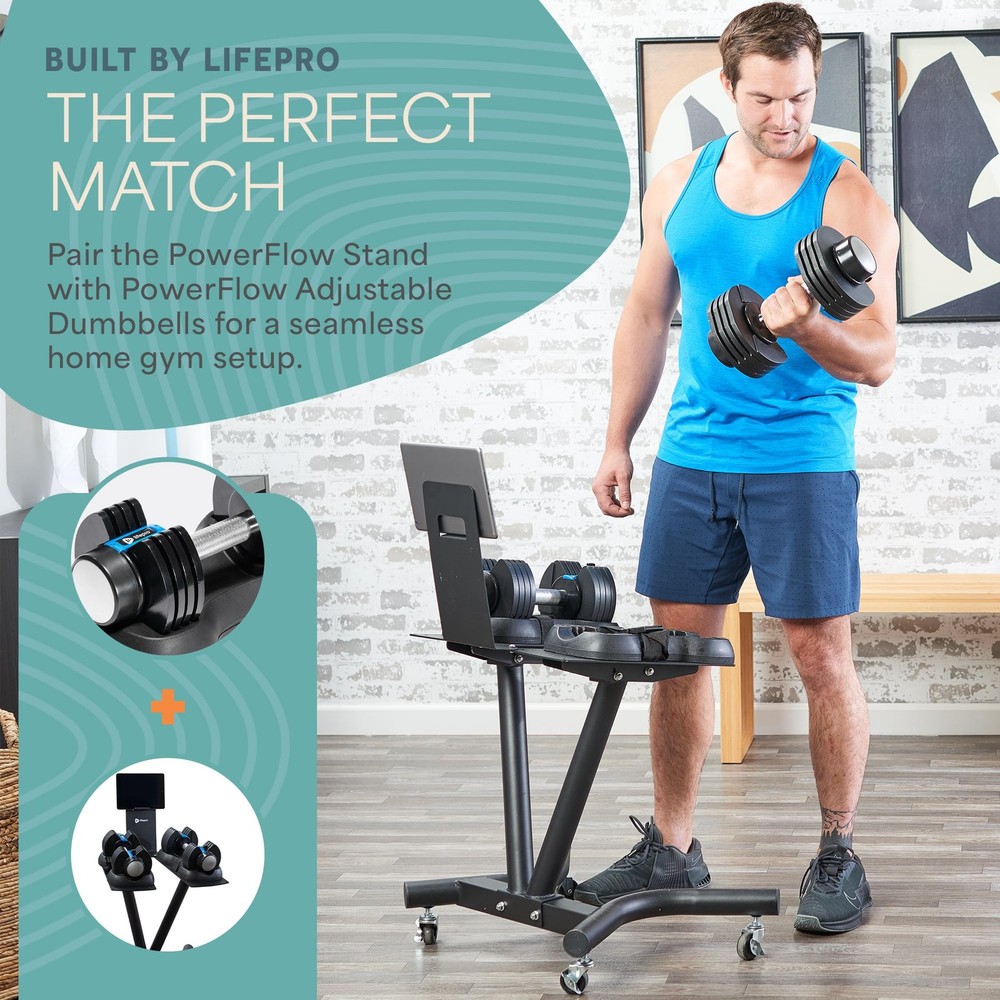Adjustable Dumbbell Stand with Wheels & Tablet Holder SpaceSaving Rack
