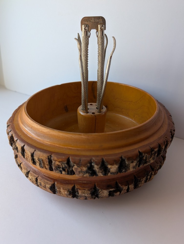Vintage Rusticware Nut Bowl Set With Edge Tree Bark Nutcracker