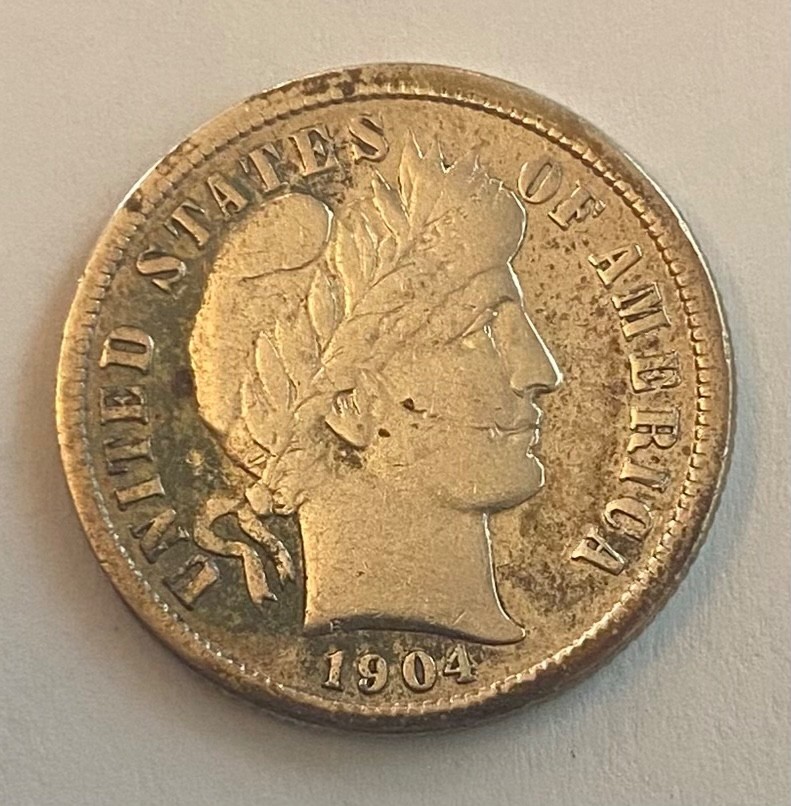 1904-s Barber dime vf album toning scratch on cheek