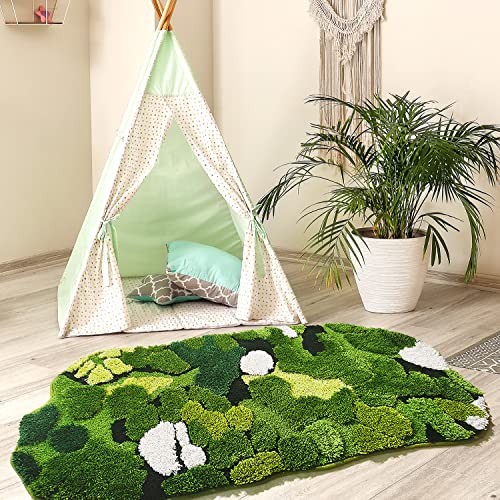 Cute Green Moss Bathroom Runner Rug Long Rectangular Boho Aesthetic Leaf
