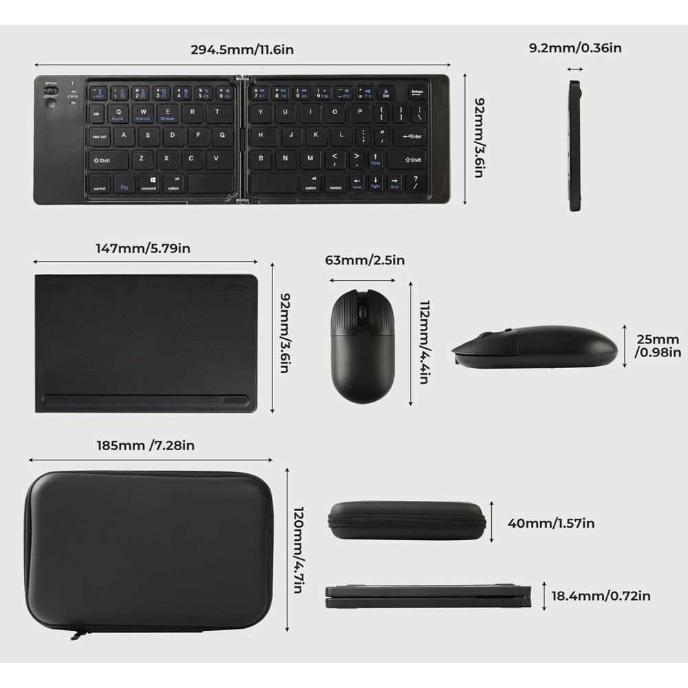 Foldable Keyboard Mouse Combo Bluetooth 5.0 2.4G USB-C Rechargeable