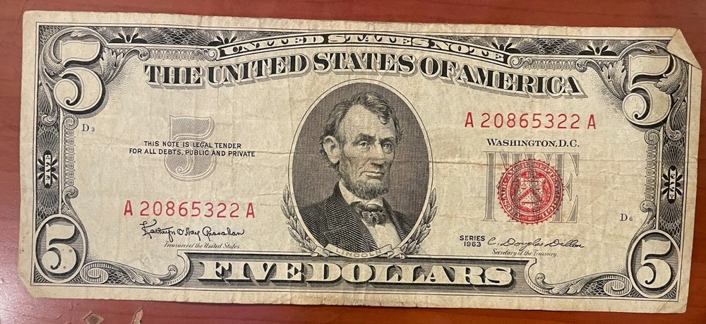 FIVE!~~~1963 Red Seal $2 Dollar Bills Circulated