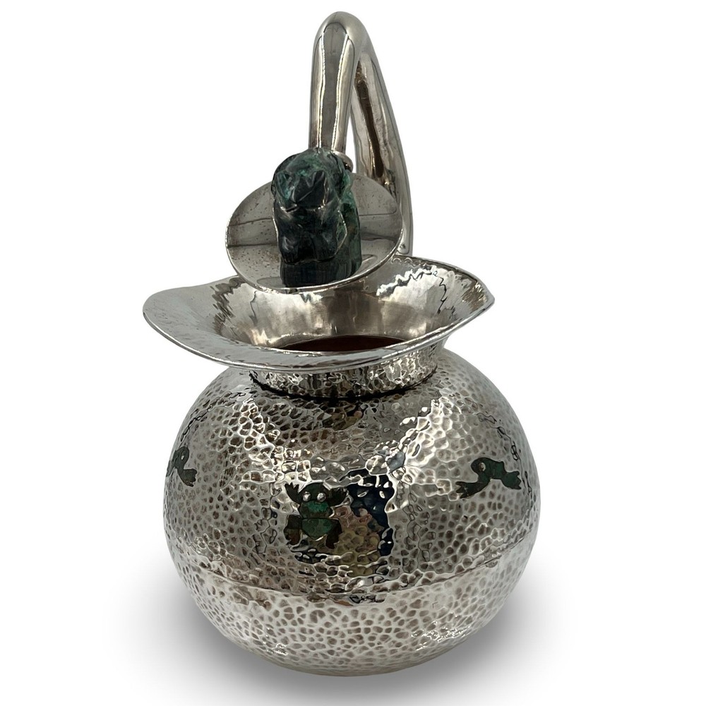 Los Castillo Hammered Silver Pitcher With Malachite Frog Accent & Decorative Inl