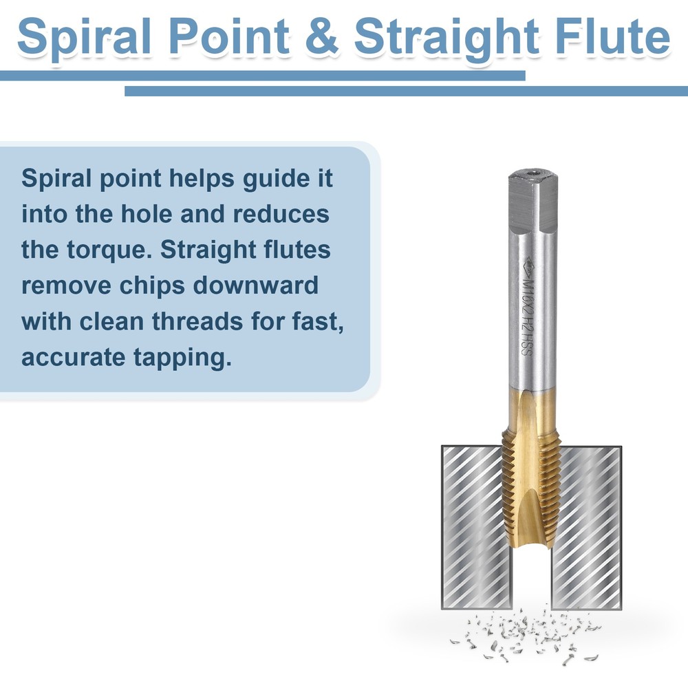 Spiral Point Threading Tap M16 x 2 Thread Titanium Coated HSS 2pcs