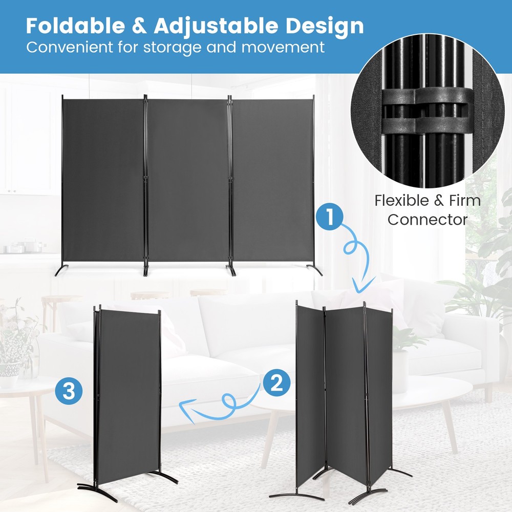 3-Panel Room Divider Folding Privacy Partition Screen for Office Room Grey