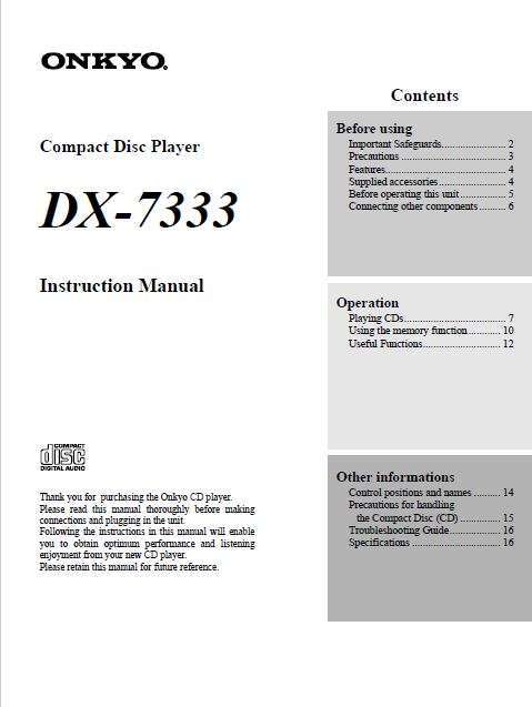 Onkyo DX-7333 CD Player Owners Manual
