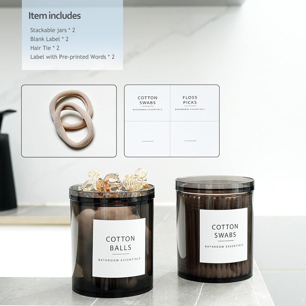 2-Pack Large 20oz Black Stackable Qtip Holder Translucent Apothecary Jars