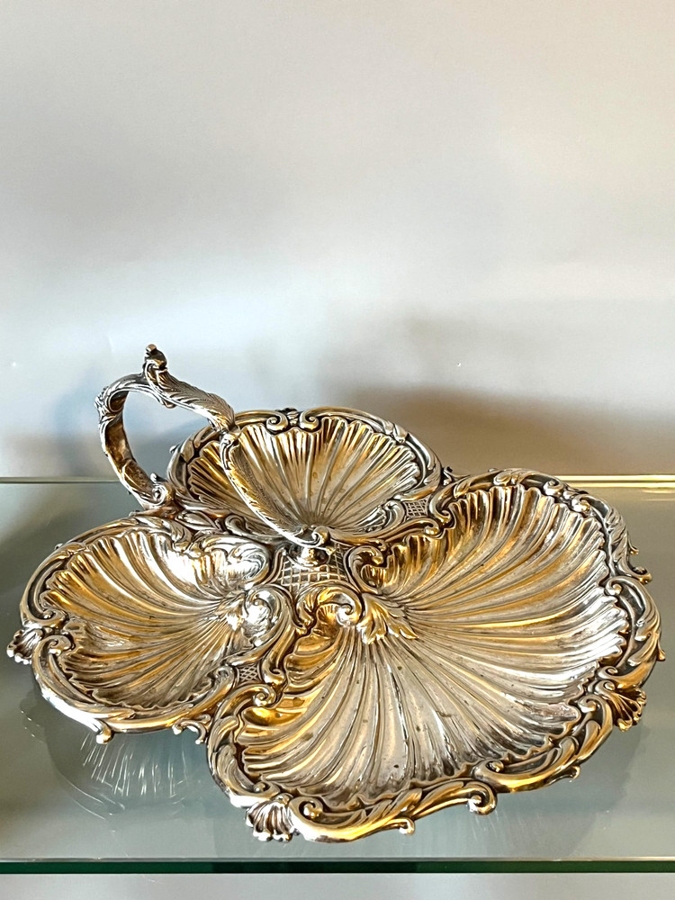 Antique Silver Plate Triple Shell Footed Serving Tray