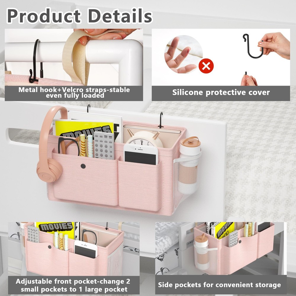 Bedside Caddy Bedside Organizer with Fixed Straps & Water Bottle Holder, Bunk...