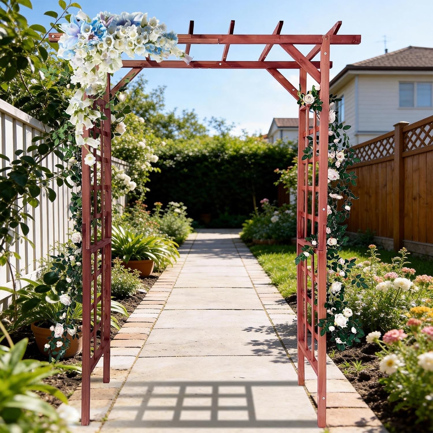 7 Ft Outdoor Wooden Arbor Arch Pergola Trellis w/ Flat Top for Garden Yard Decor