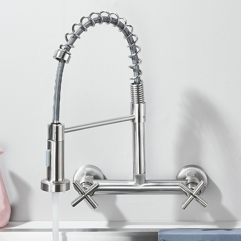 Wall Mount Kitchen Sink Faucet with Pull Down Sprayer 8 Inch 2 Handle Mixer Tap