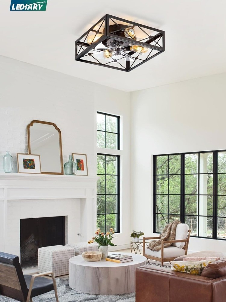 Caged Flush Mount Square Rustic Low Profile Ceiling Fans with Lights and Remote