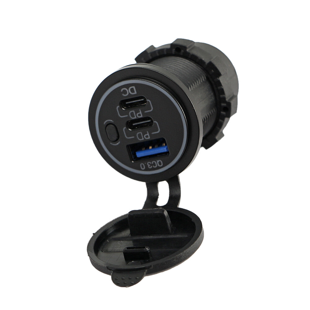 12V-24V QC3.0 + PD USB C Car Fast Charger Power Socket Outlet for Boat RV Marine