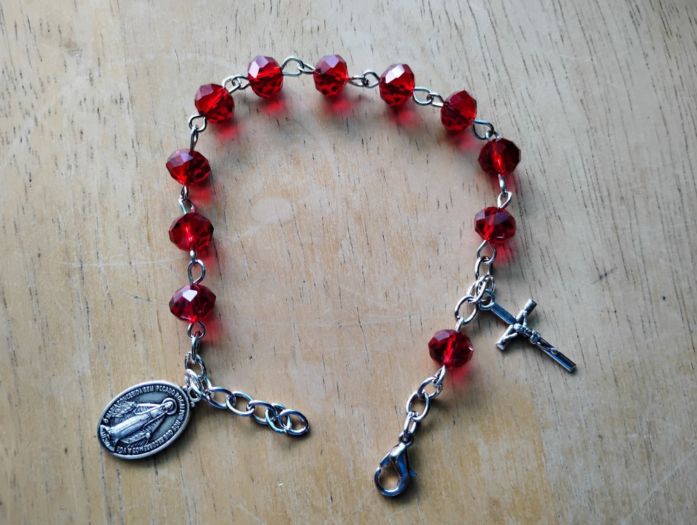 Ruby Red Crystal Rosary Bracelet 8mm Beads Silver crucifix July Birthstone