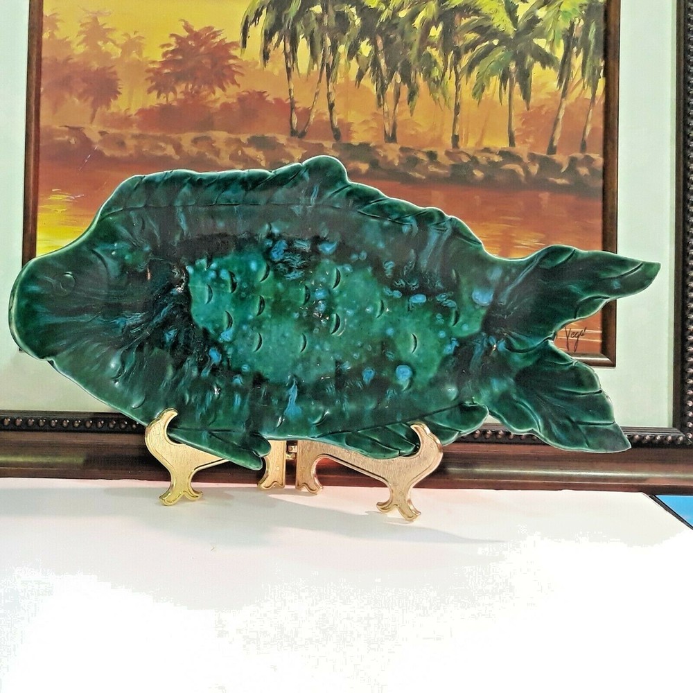 Large Hand Crafted Fish Shaped Teal Green Glazed Ceramic Serving Tray