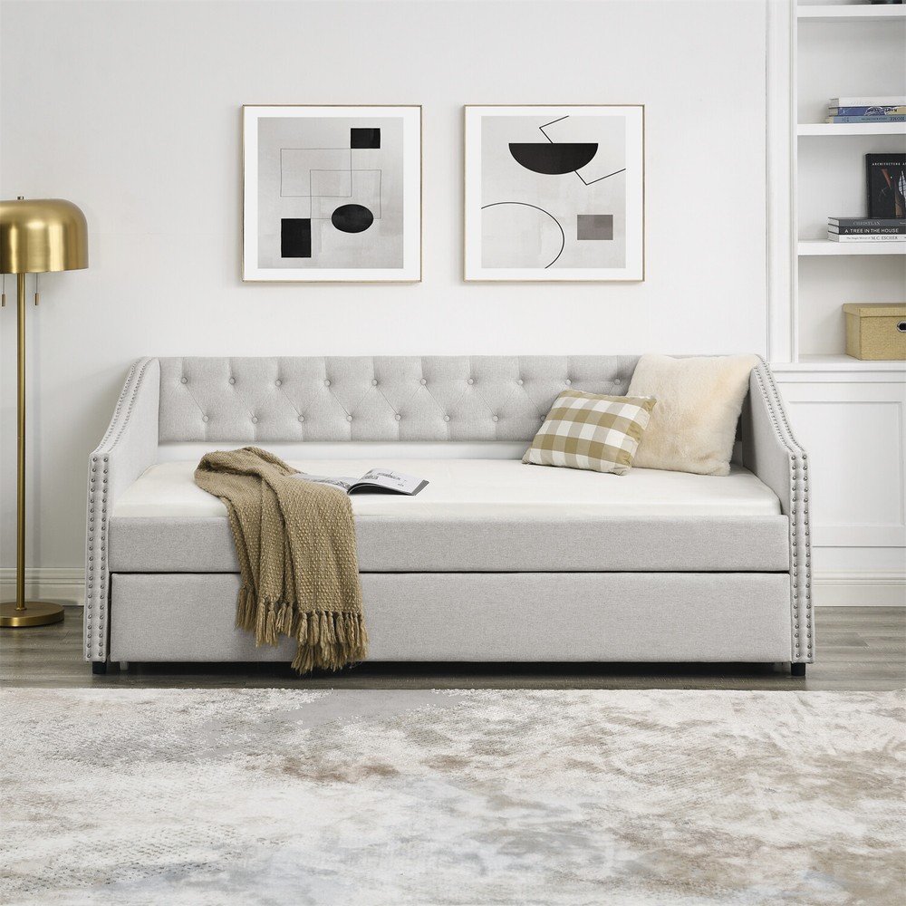 Twin/Full Size Daybed w/ Pull-Out Trundle Bed Upholstered Bed Frame Sofa Bed US