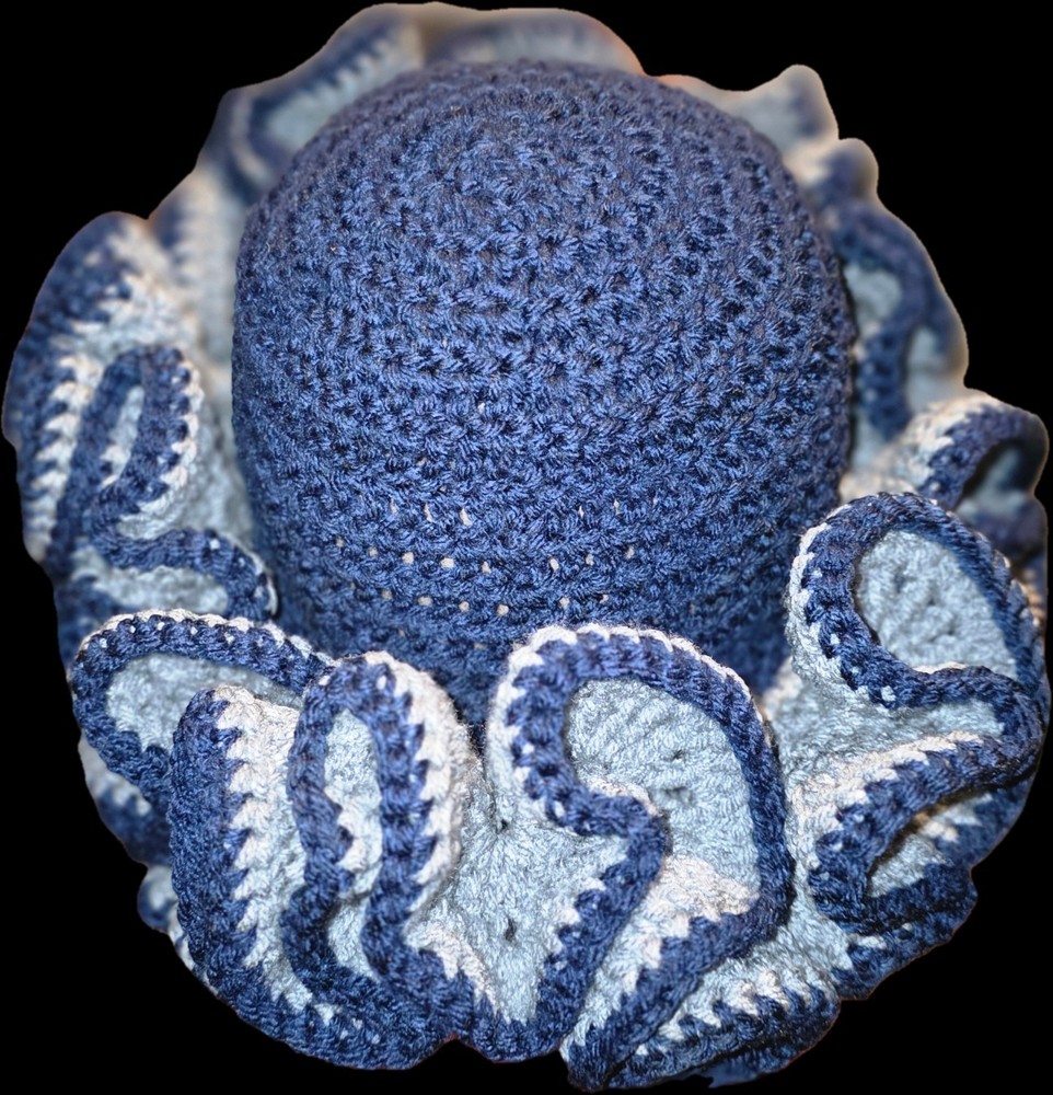 Handmade Crochet Blue and Gray Ruffled Hat