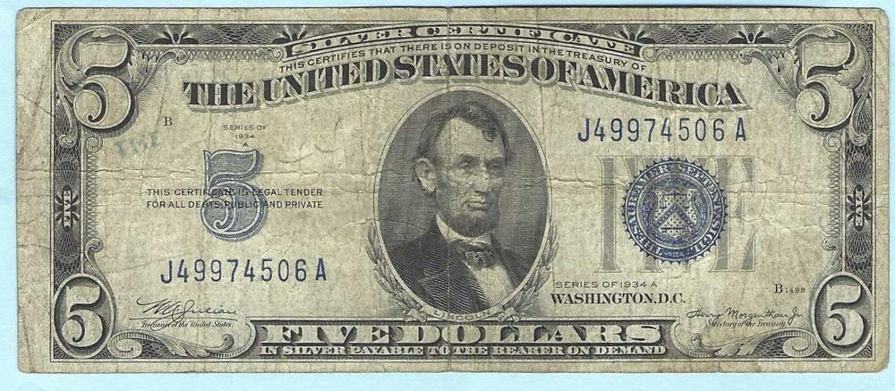 1934C 5 Dollar Silver Certificate, "N-A", Circulated