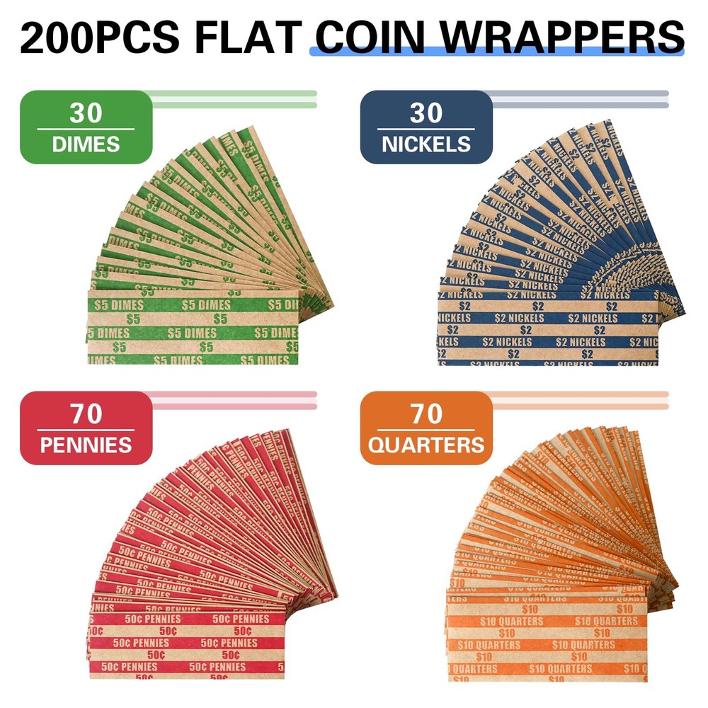 200 Pcs Assorted Packed Flat Stripped Coin Wrappers, Coin Rolls Wrapper