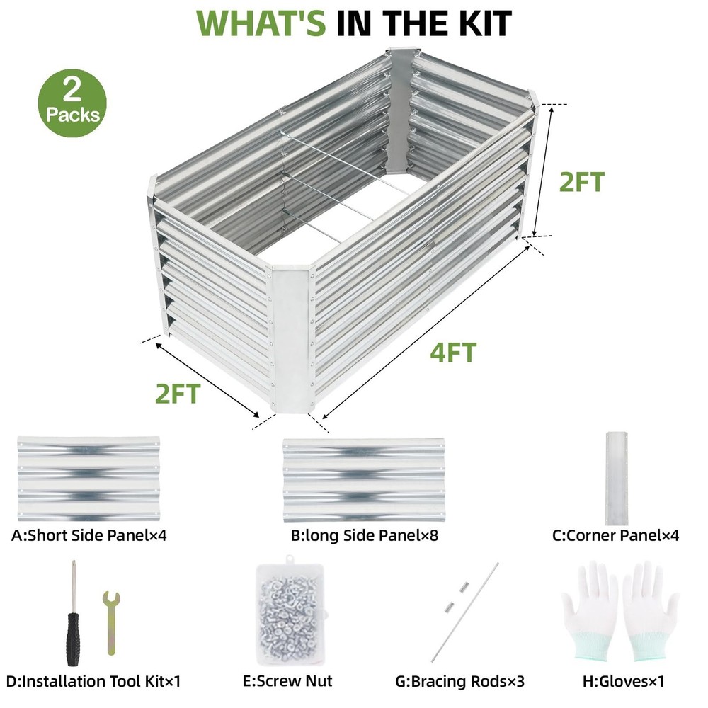 4x2x2ft (2 Pack) Raised Garden Bed - Galvanized Deep Root Planter Boxes Outdo...