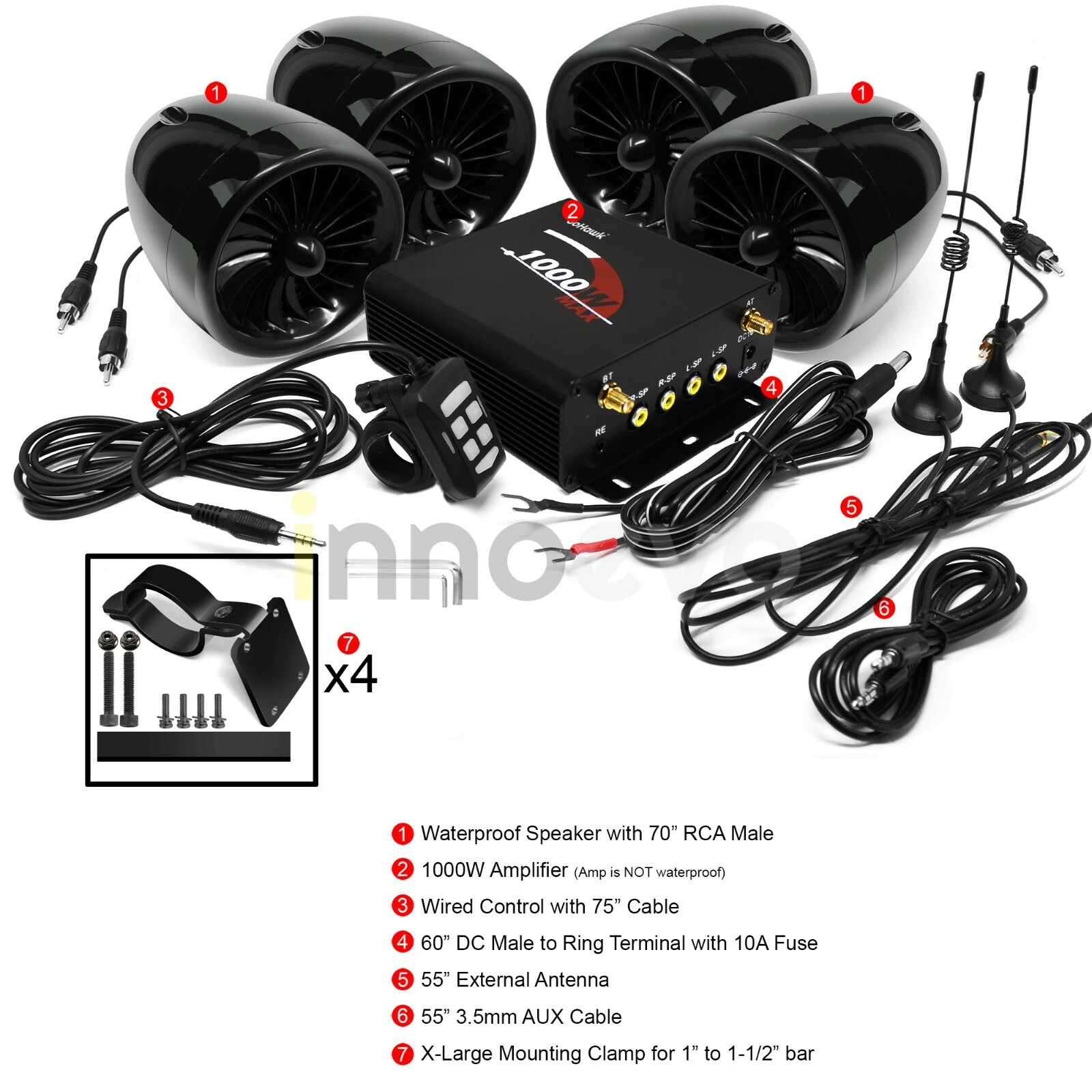 1000W Motorcycle Bluetooth 4 Speakers Stereo Audio System ATV UTV Can-Am Polaris