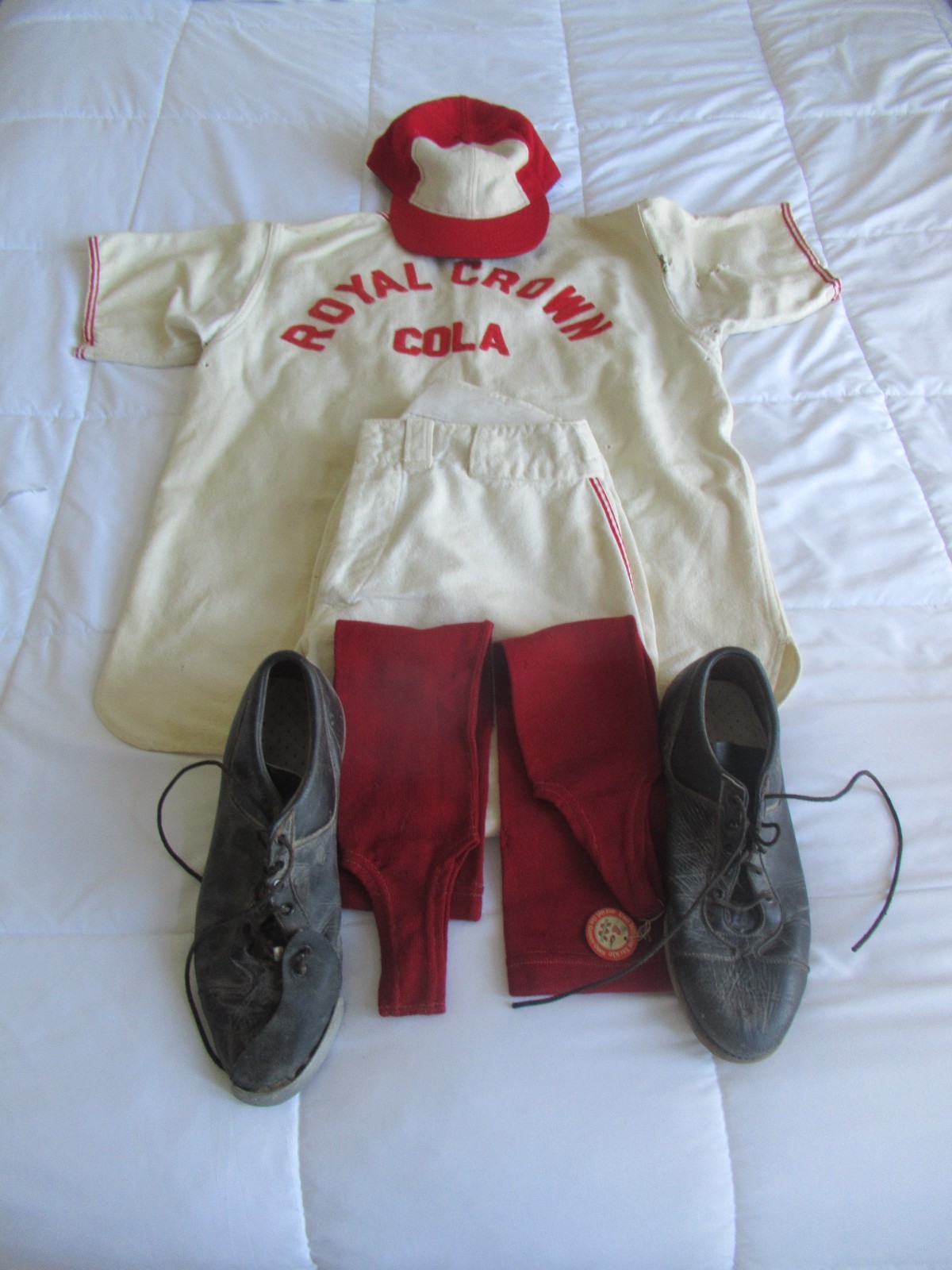 1950's RC ROYAL CROWN COLA Wool Complete Baseball Uniform Spikes, Top, Pants Hat