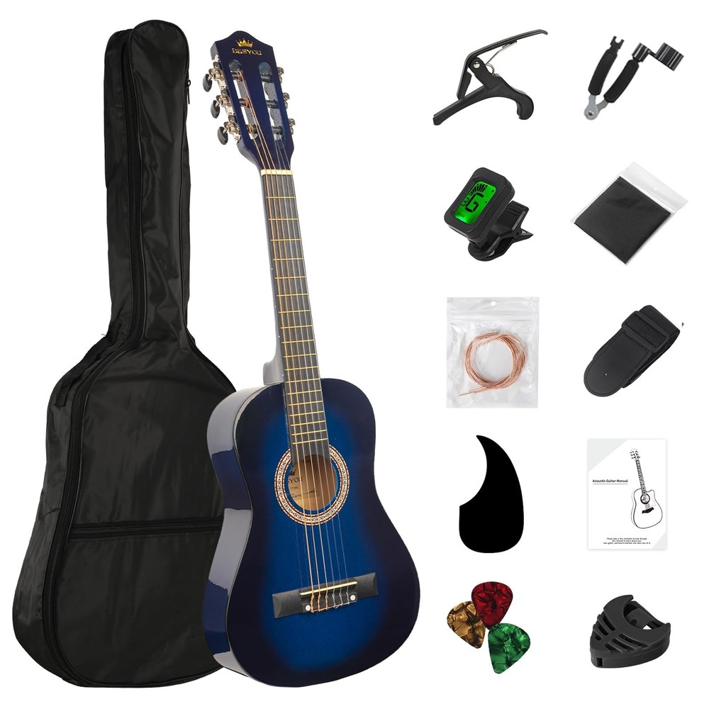 30in Beginner Acoustic Guitar Basic Starter Kit Tuner Bag Capo Strings Winder...