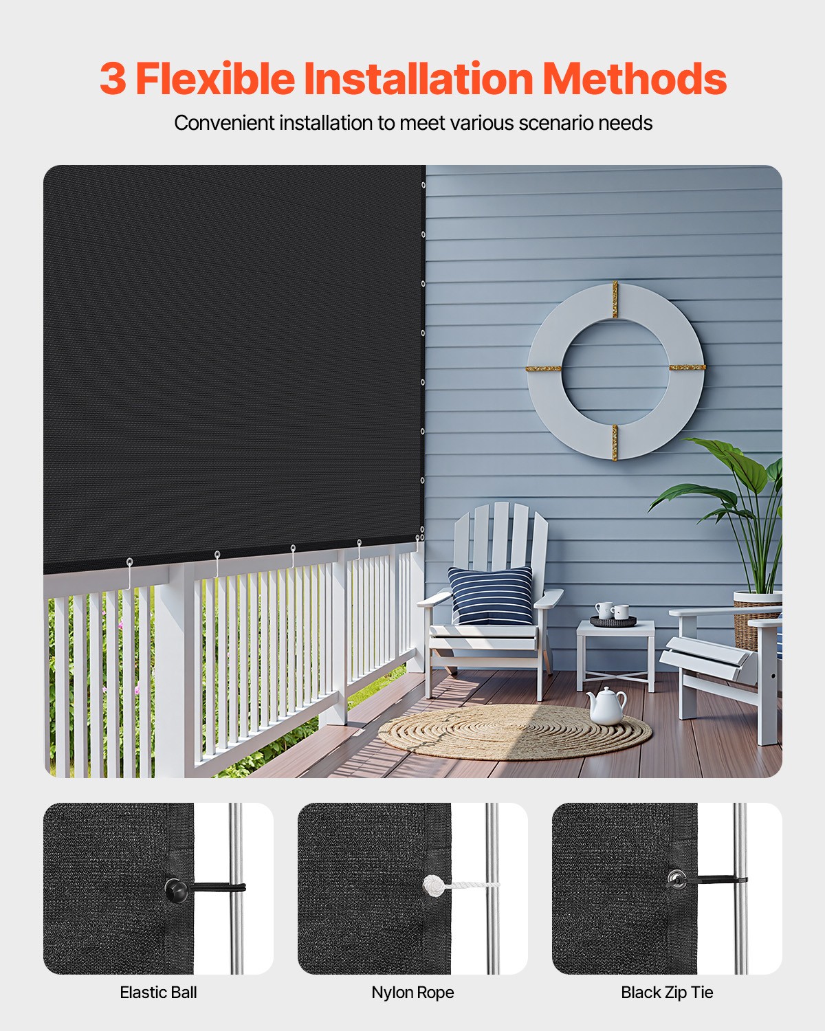 VEVOR 90% Sun Shade Cloth Privacy Screen 10 x 10 ft for Patio Garden (Black)