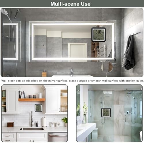 Digital Bathroom Shower Wall Clock, Indoor Waterproof Black Square Digital