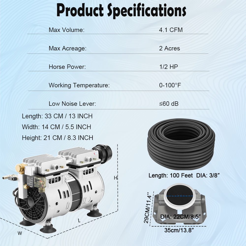 1/2 HP 4.1 CFM Pond Aerator Pump Compressor Weighted Tube Diffuser System 2 Acre