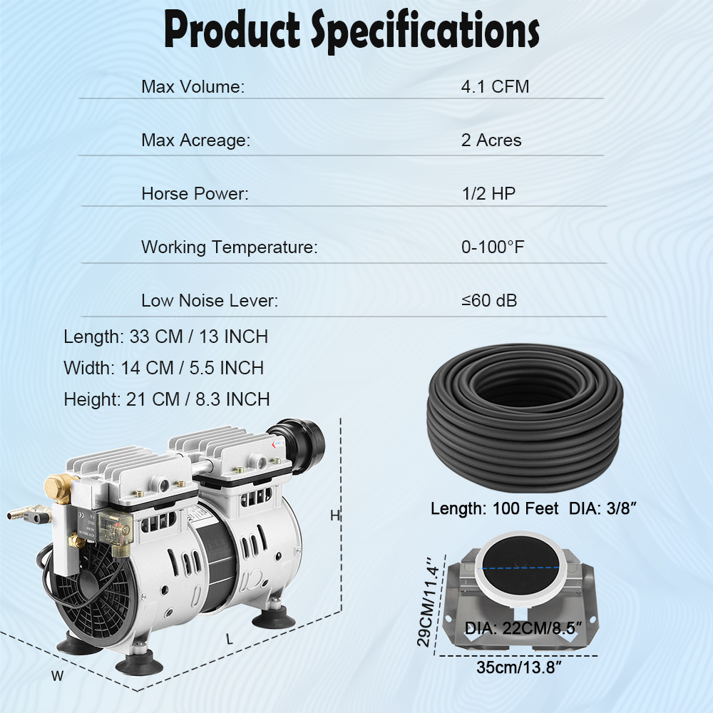 1/2 HP 400W 4.1 CFM Pond Aeration Compressor Timer Tubing Diffuser System 2 Acre