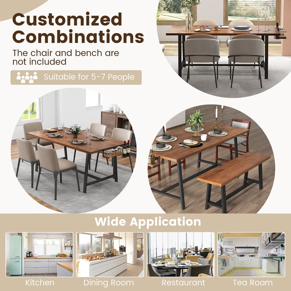 72" Industrial Rectangular Kitchen Table w/ 2-Bottle Wine Rack Condiment Holder