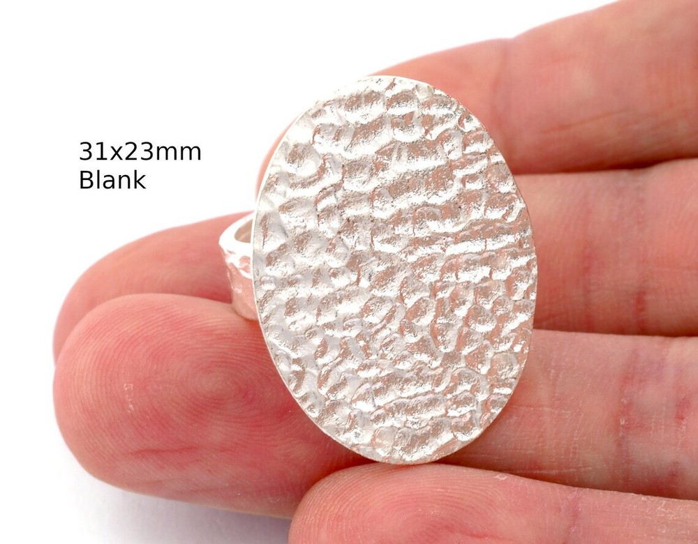 Oval Hammered Adjustable Ring Blank Bezel Base - Shiny Silver Plated Brass 4935