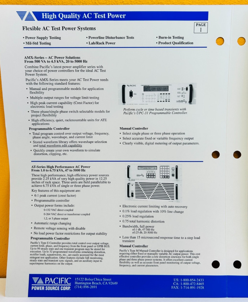 Pacific (PPSC) 8SFCAT493 1993 AC Test Power Systems Solutions Quick Catalog.