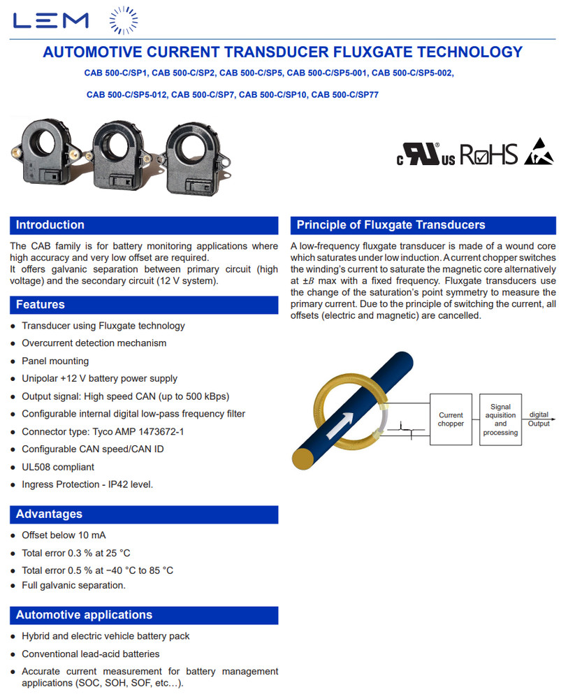 LEM CAB 500-C/SP7 Fluxgate Current Sensor for High Power Applications