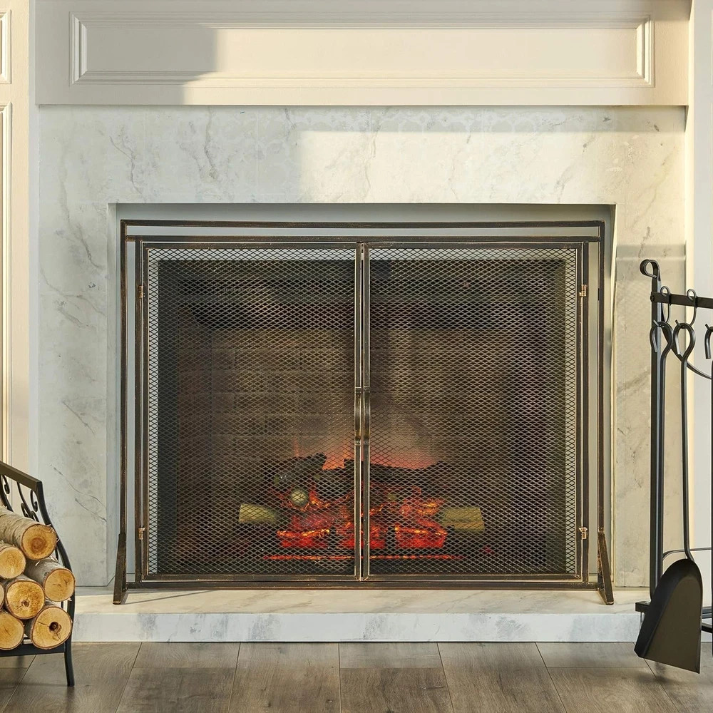 40" Iron Fireplace Screen Matte Black, Modern Single Panel with 2 Access Doors