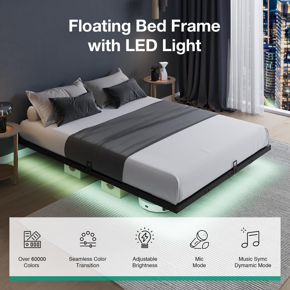 Floating Bed Frame with LED Lights, Modern Platform Queen Bed Frame with Matt...