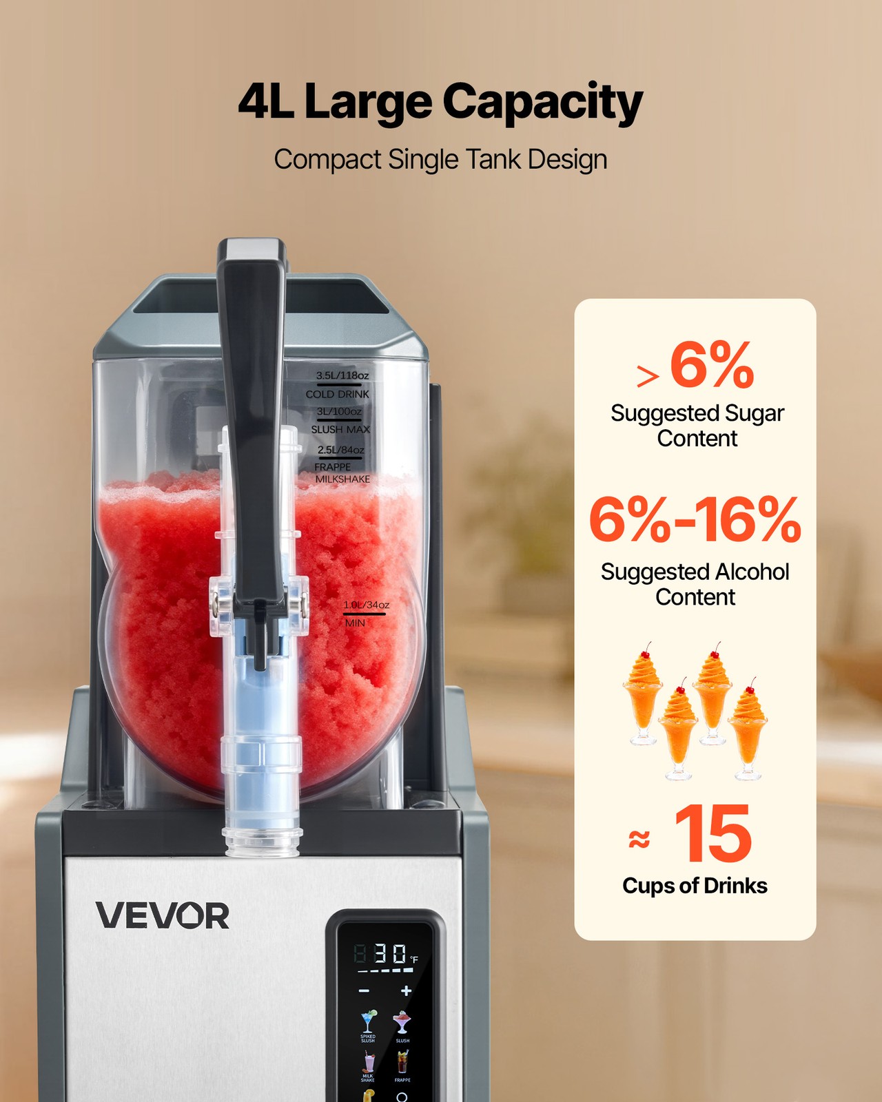 VEVOR Slushie Machine 4L/135oz No Ice Needed Frozen Drink Maker with Single Tank