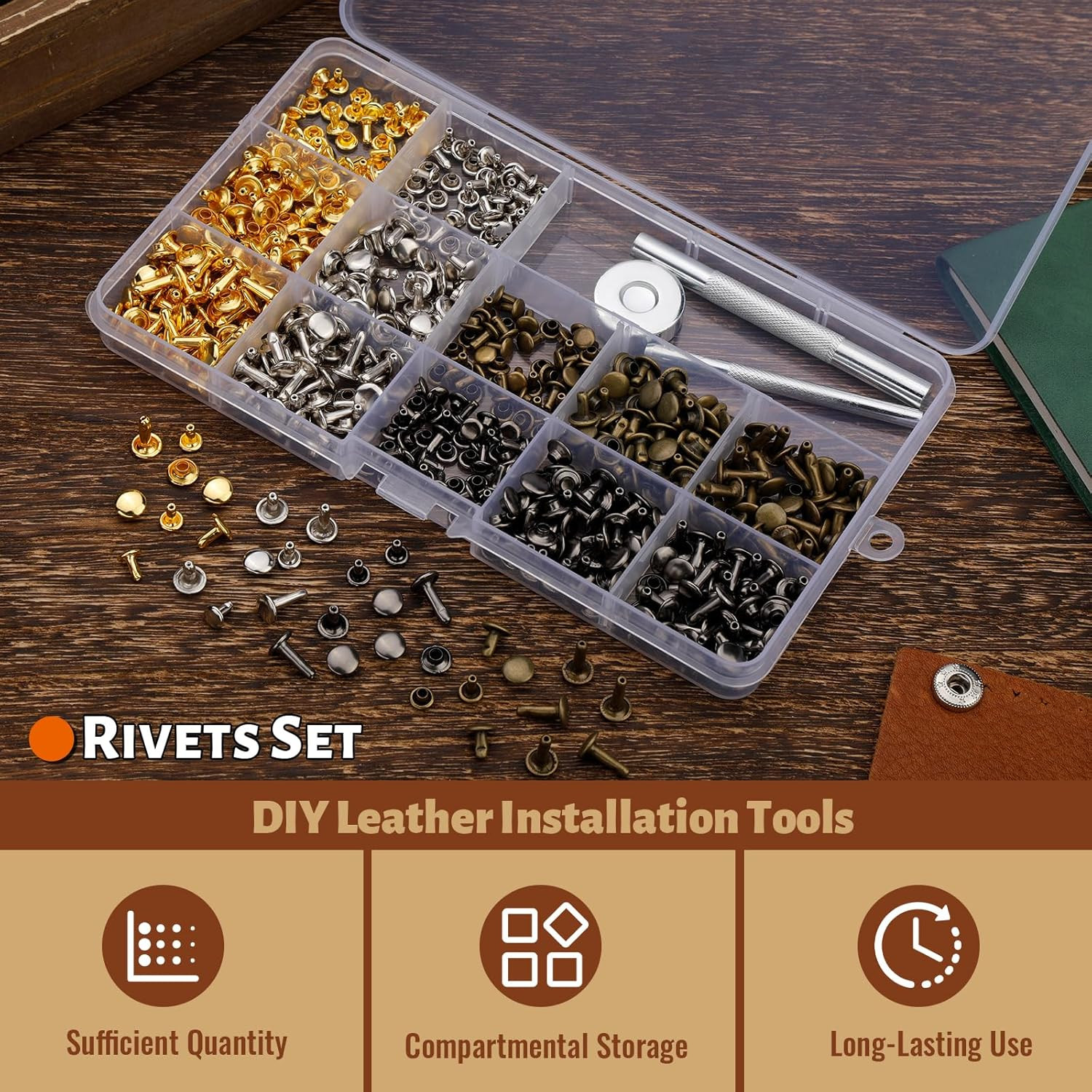 240 Set Leather Rivets, 4 Colors 3 Sizes Double Cap Rivet, Rivets for Leather wi