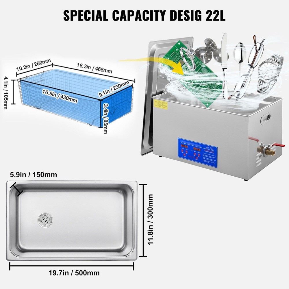 Advanced-Tech 40kHz Ultrasonic Cleaner 22L Smart Heating Digital Console