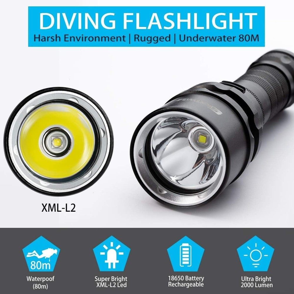 2000 Lumen Scuba Diving Flashlight - Waterproof LED Torch