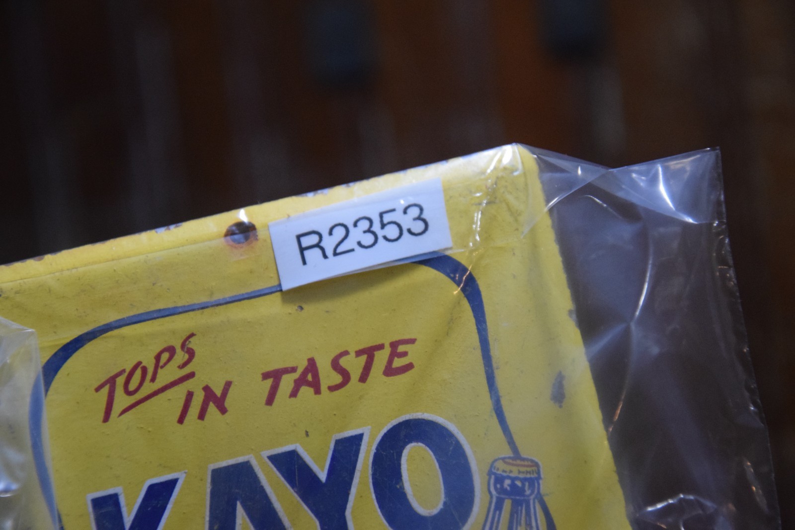 KAYO CHOCOLATE DRINK PAINTED METAL SIGN BOTTLE BOWLER MOON MULLINS CIRCA 1950s