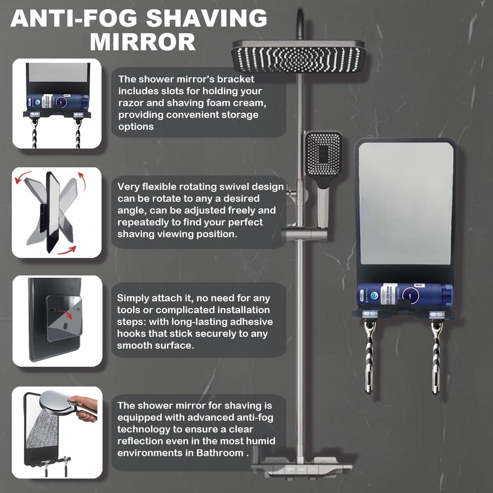 Fogless Shower Mirror for Shaving with Storage Adjustable Angle Wall Mount Black